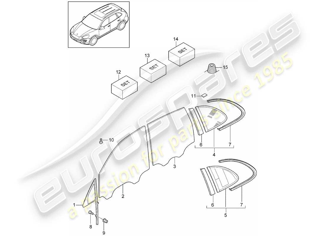 Porsche Cayenne E2 (2012) WINDOW GLASSES Part Diagram