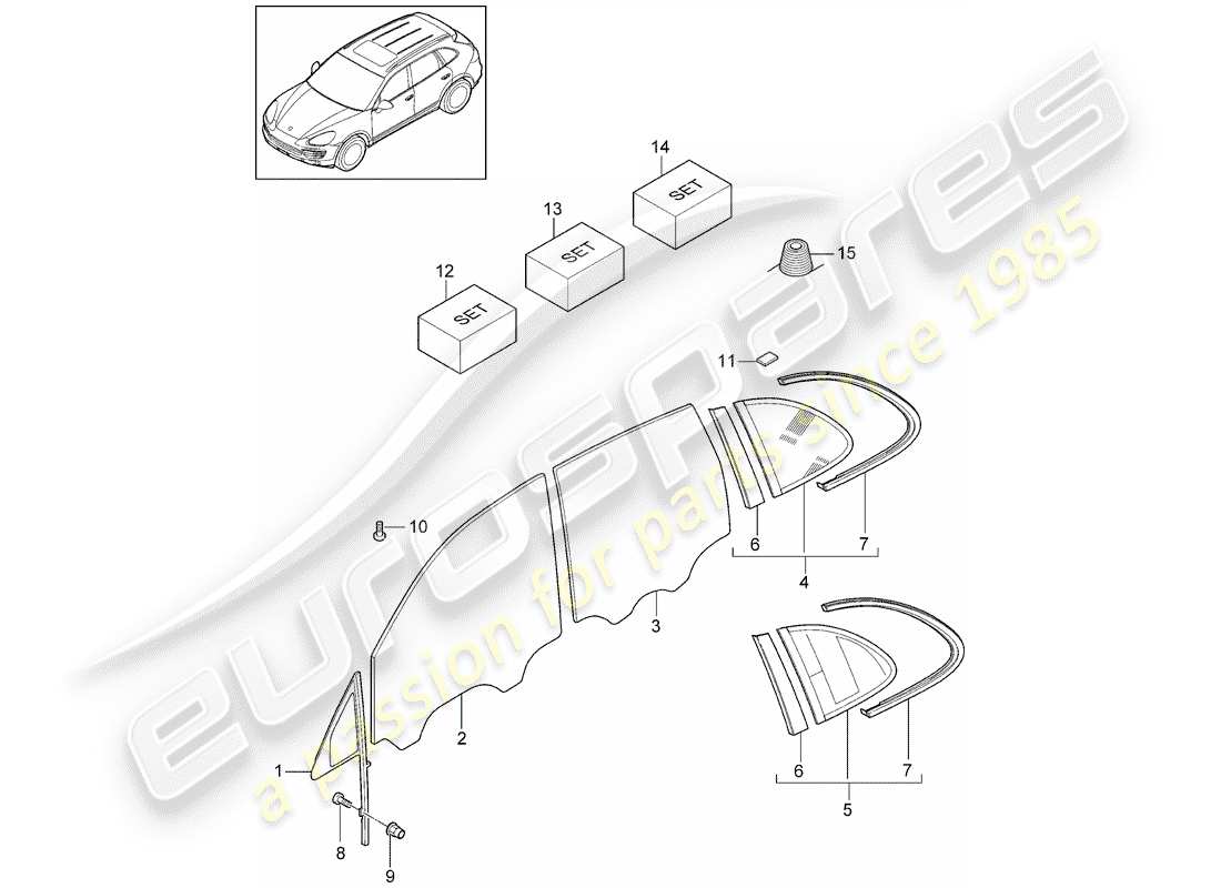 Porsche Cayenne E2 (2013) WINDOW GLASSES Part Diagram