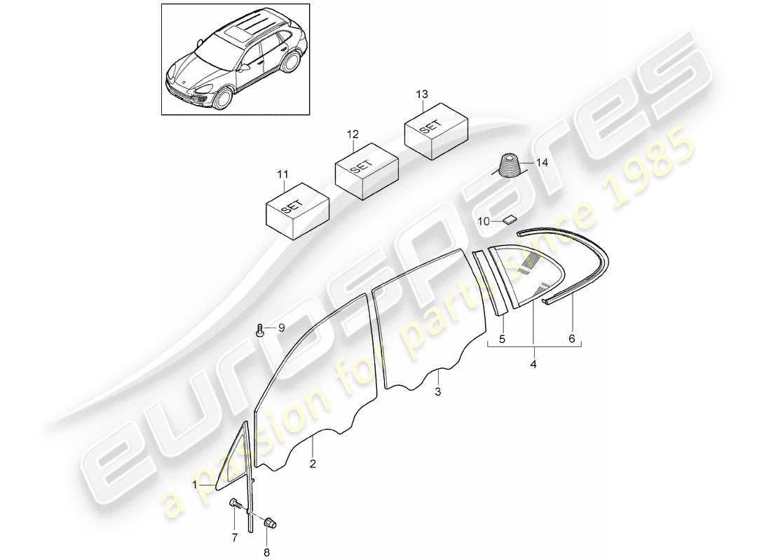 Porsche Cayenne E2 (2017) WINDOW GLASSES Part Diagram