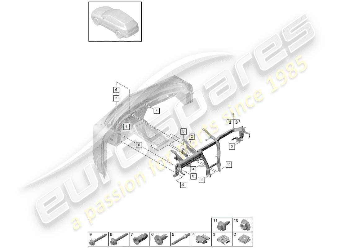 Porsche Cayenne E3 (2018) retaining frame Parts Diagram