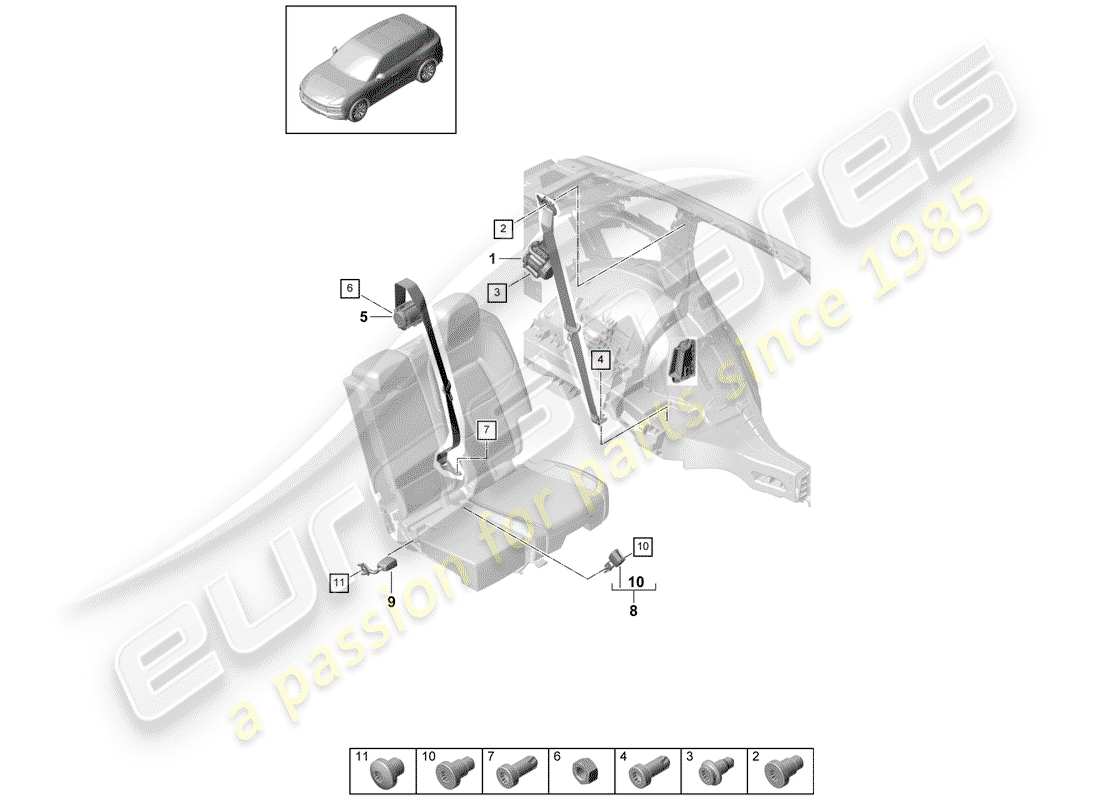 Porsche Cayenne E3 (2018) three-point seat belt Parts Diagram