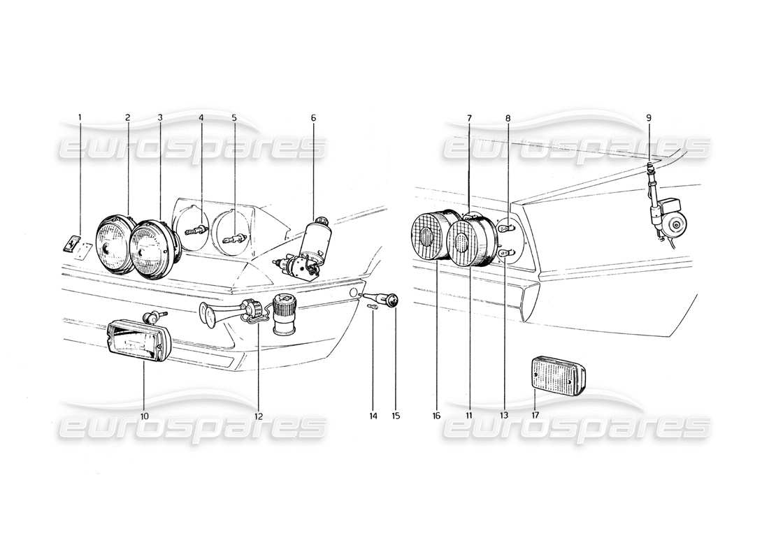 Ferrari 400 GT (Mechanical) Front and Rear Lights, Horns and Arial Parts Diagram