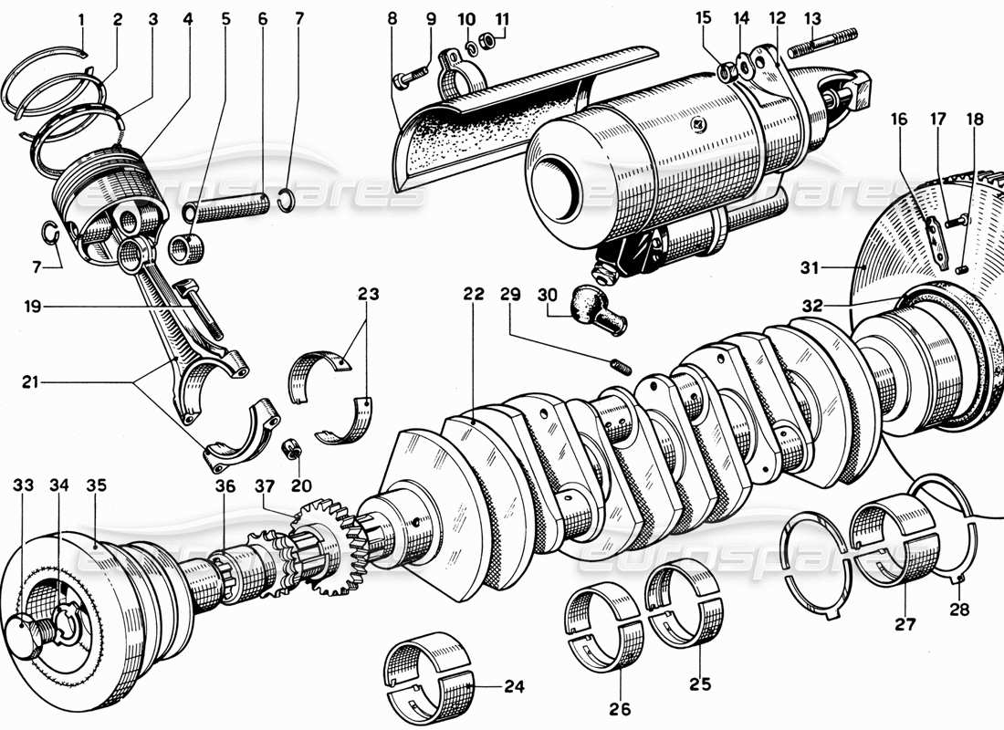 Ferrari 365 GT 2+2 (Mechanical) crankshaft, connecting rods and pistons Parts Diagram