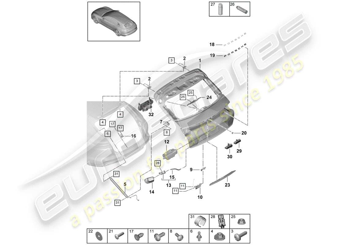 Porsche Panamera 971 (2017) REAR TRUNK LID Parts Diagram