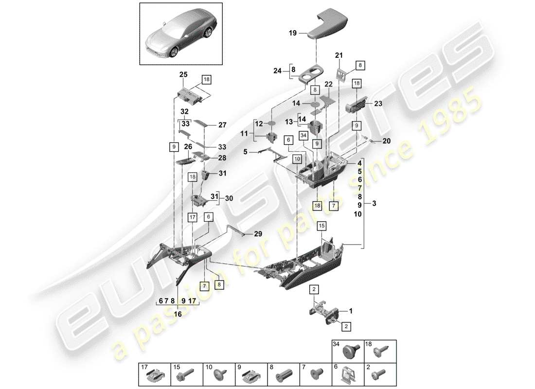 Porsche Panamera 971 (2017) CENTER CONSOLE Parts Diagram