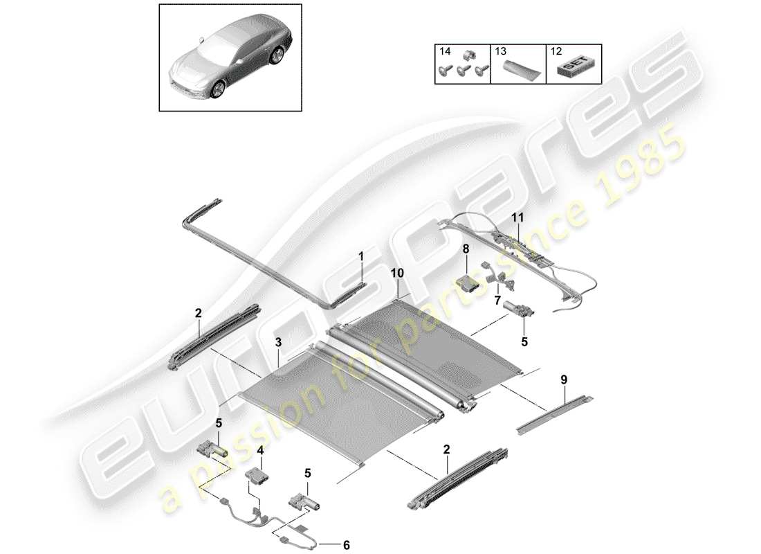 Porsche Panamera 971 (2017) glass sliding roof Parts Diagram