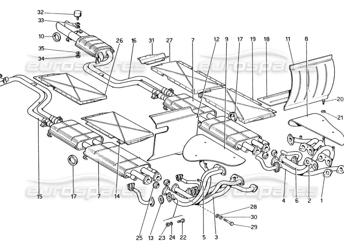 Ferrari 365 GT4 2+2 (1973) Exhaust Manifold and Piping Parts Diagram