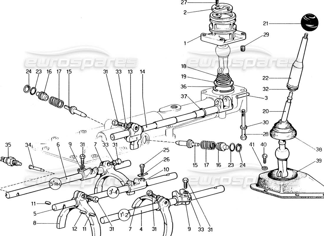 Ferrari 365 GT4 2+2 (1973) Gearbox Outer and Inner Controls Parts Diagram