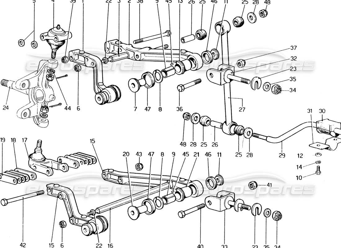 Ferrari 365 GT4 2+2 (1973) Front Suspension - Wishbones Parts Diagram