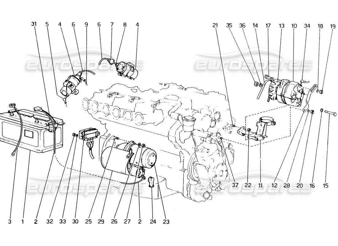 Ferrari 365 GT4 2+2 (1973) Current Generating System - Starter Motor Parts Diagram