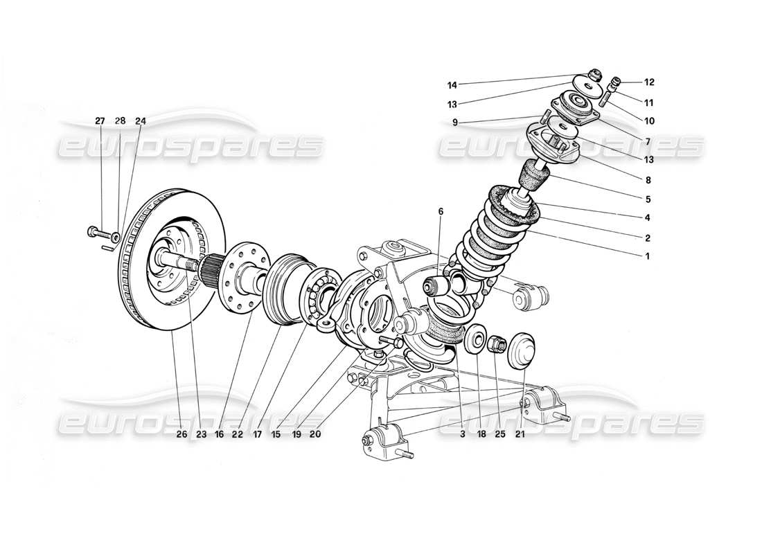 Ferrari Testarossa (1990) Front SUSpension - Shock Absorber and Brake Disc (Until Car No. 75995) Parts Diagram