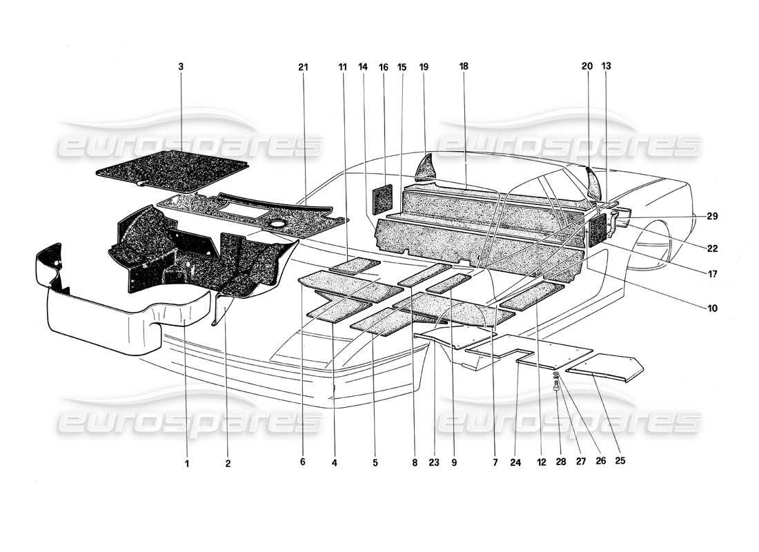 Ferrari Testarossa (1990) Carpet and Insulation Panels Parts Diagram