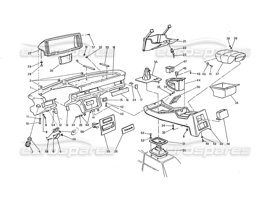 Maserati Biturbo 2.5 (1984) Instrument Panel and Console Part Diagram