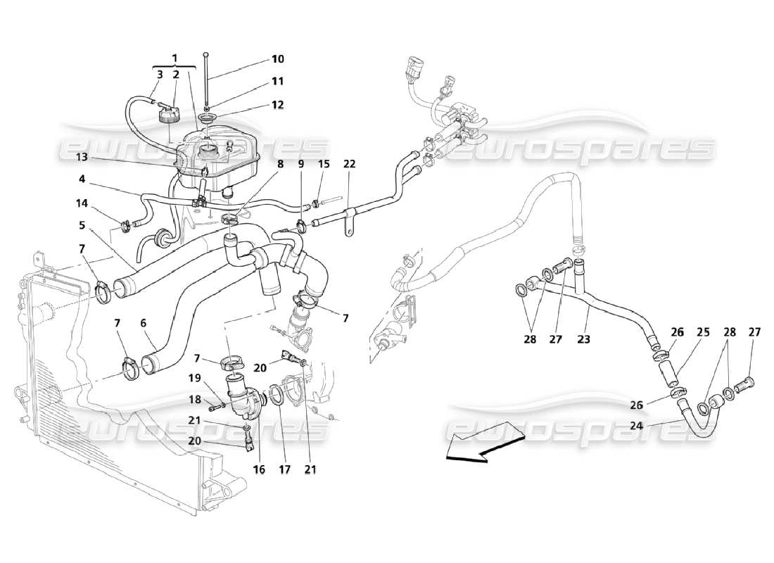 Maserati QTP. (2006) 4.2 Cooling System: Nourice And Piping Parts Diagram