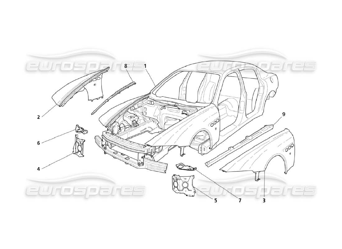 Maserati QTP. (2006) 4.2 Front Outer Structures And Body Parts Diagram