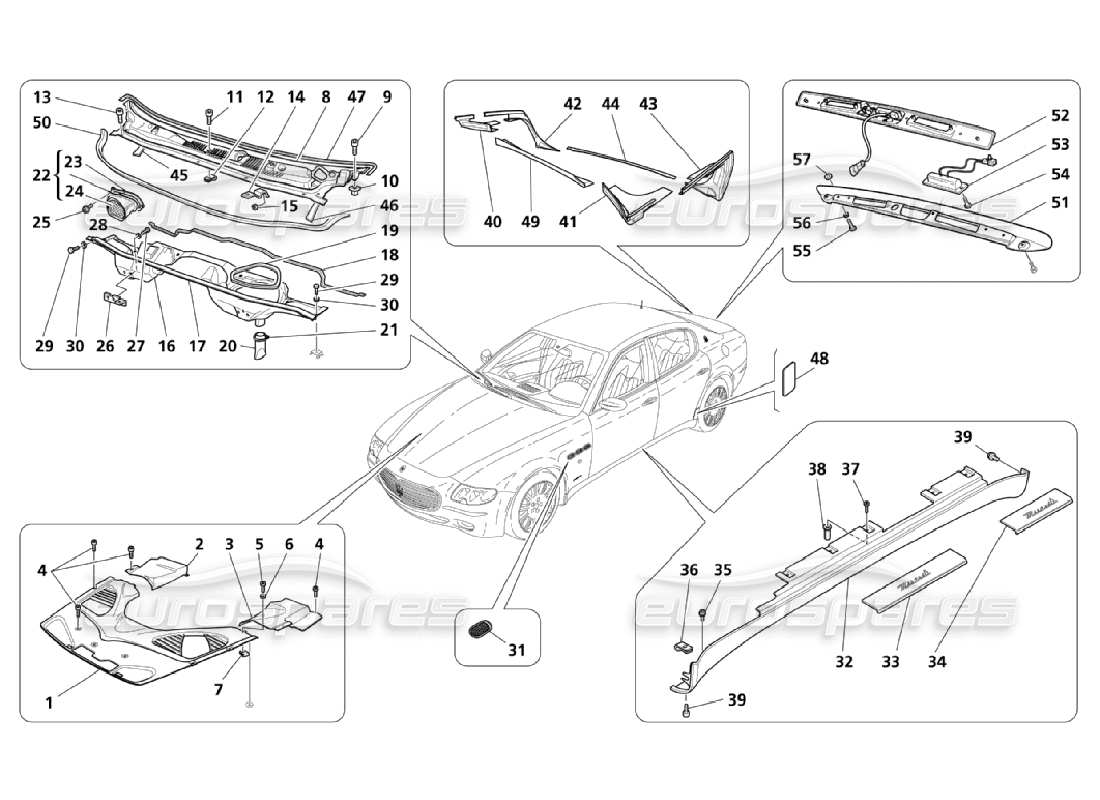 Maserati QTP. (2006) 4.2 Shields, Mouldings And Covers Parts Diagram