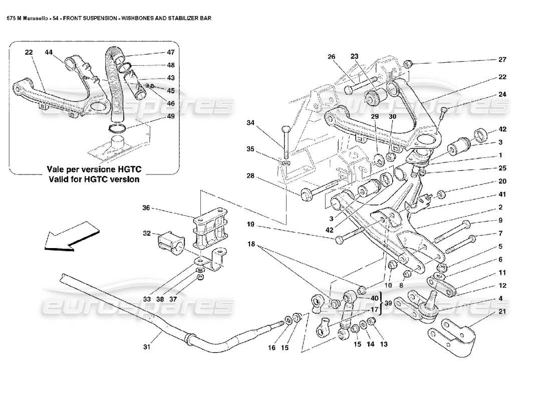 Ferrari 575M Maranello Front Suspension Wishbones and Stabilizer Bar Parts Diagram