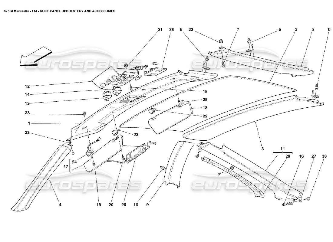 Ferrari 575M Maranello Roof Panel Upholstery and Accessories Parts Diagram