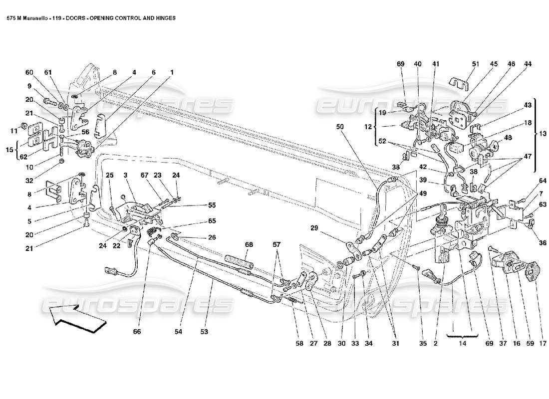 Ferrari 575M Maranello Doors Opening Control and Hinges Parts Diagram