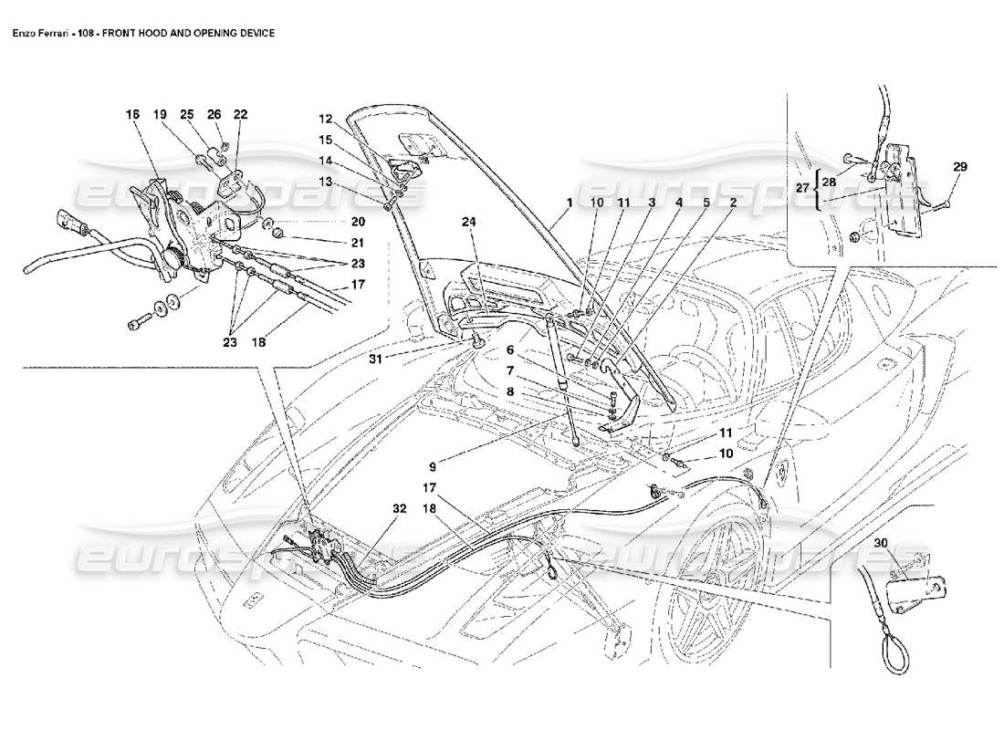 Ferrari Enzo Front Hood and Opening Device Parts Diagram