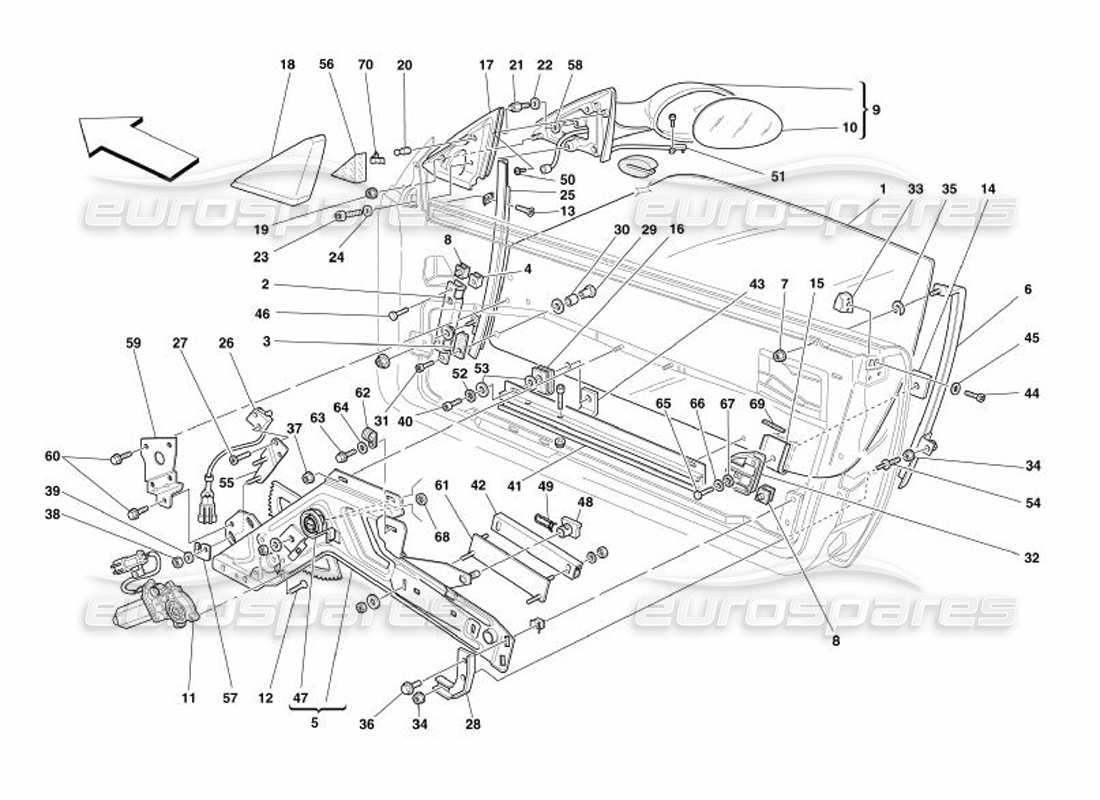 Ferrari 575 Superamerica Doors - Power Window and Rearview Mirror Parts Diagram