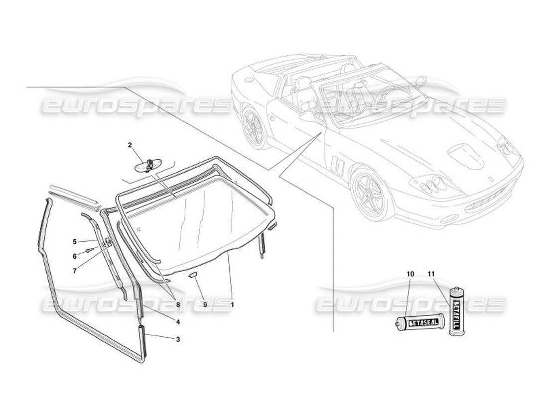 Ferrari 575 Superamerica Glasses and Gaskets Parts Diagram