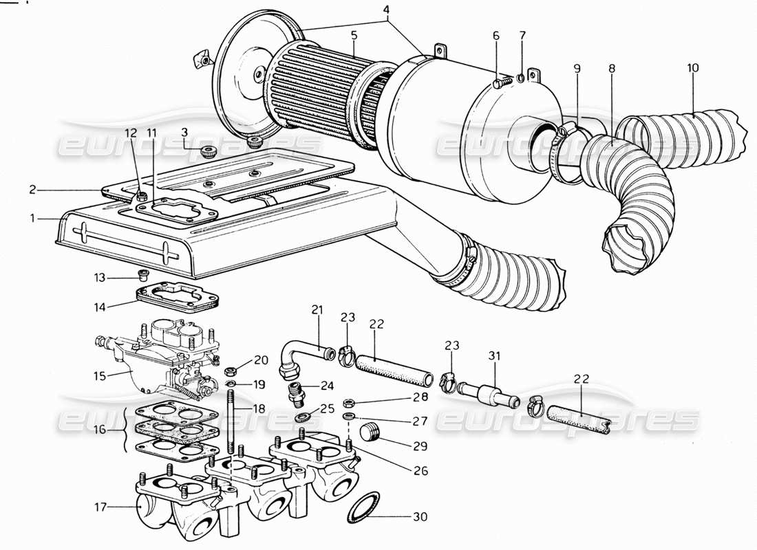 Ferrari 206 GT Dino (1969) air filter and manifolds Parts Diagram
