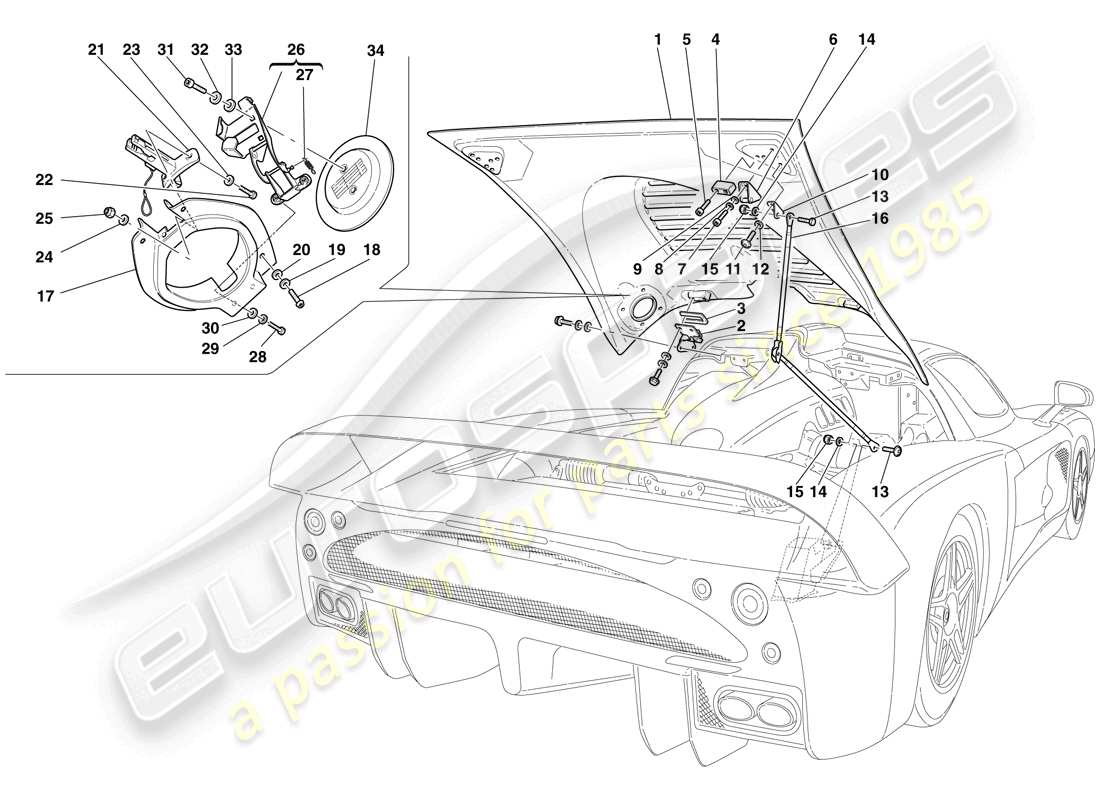 Maserati MC12 Engine Bonnet and Gas Door Parts Diagram