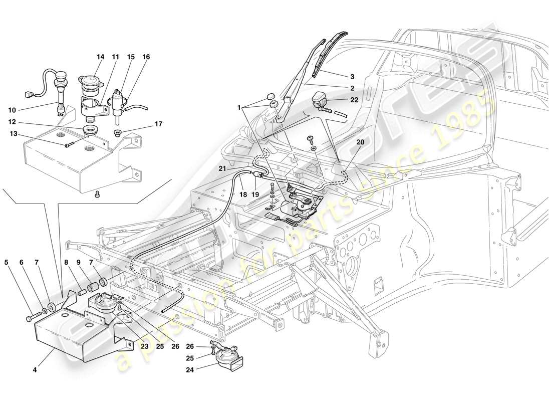 Maserati MC12 WINDSHIELD WIPER, GLASS WASHER AND HORNS Parts Diagram