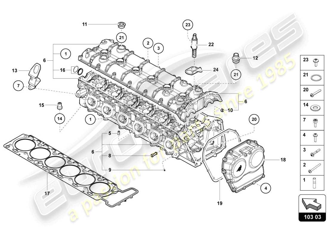 Lamborghini LP720-4 Coupe 50 (2014) cylinder head with studs and centering sleeves Parts Diagram