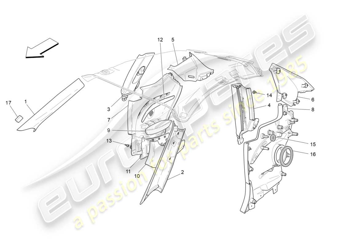 Maserati GranTurismo (2009) PASSENGER COMPARTMENT B PILLAR TRIM PANELS AND SIDE PANELS Part Diagram