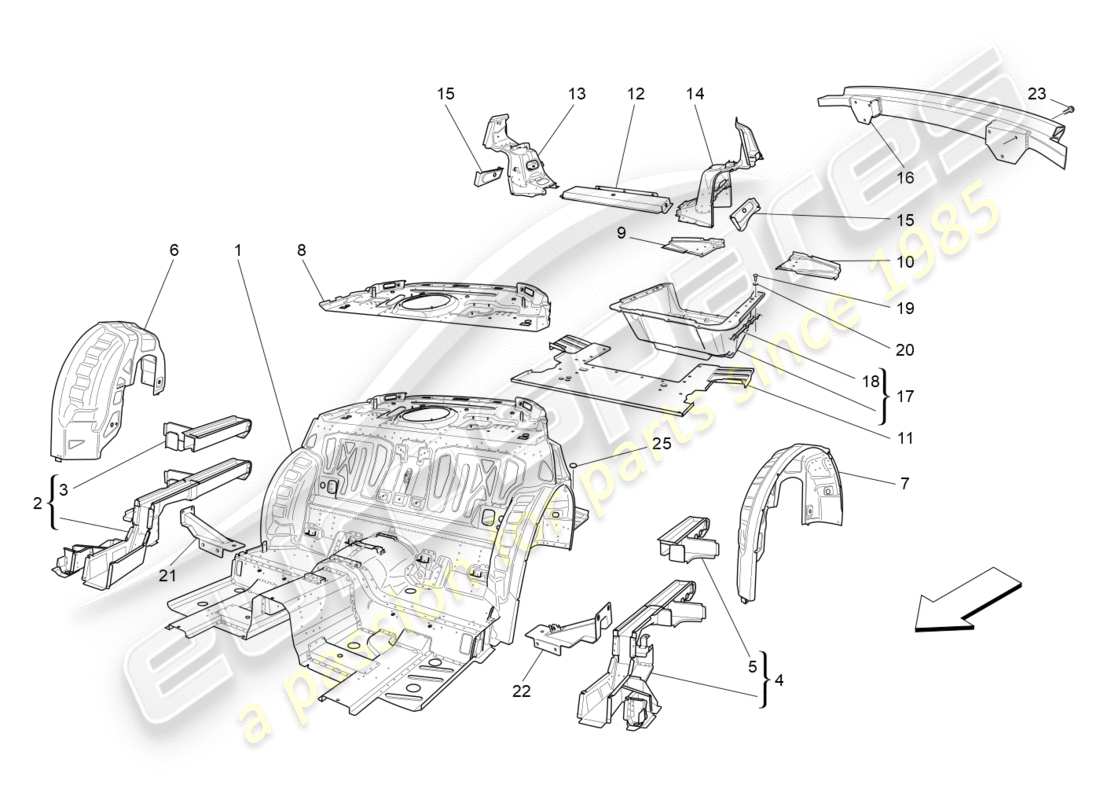 Maserati GranTurismo (2010) rear structural frames and sheet panels Part Diagram