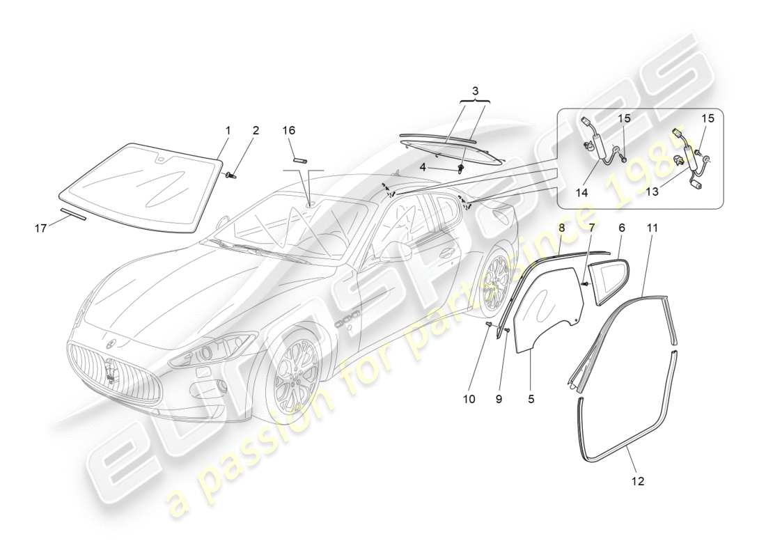 Maserati GranTurismo (2010) windows and window strips Part Diagram