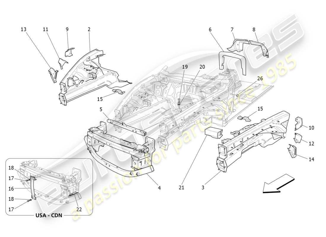 Maserati GranTurismo (2011) front structural frames and sheet panels Parts Diagram