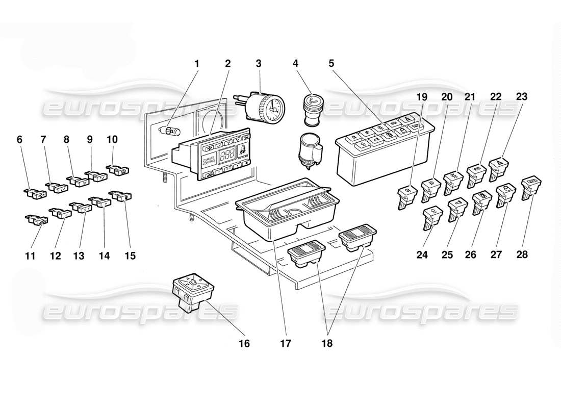 Lamborghini Diablo (1991) Tunnel Panel Instruments Parts Diagram