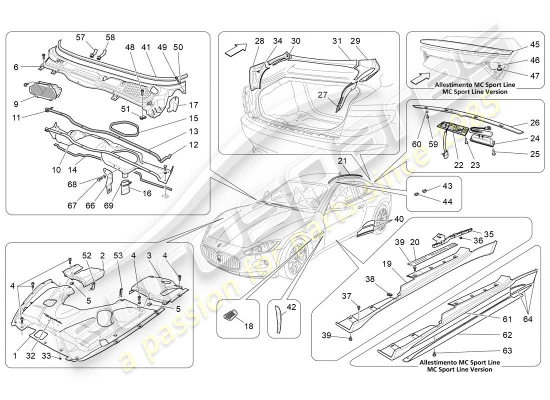 Maserati GranTurismo (2013) shields, trims and covering panels Part Diagram