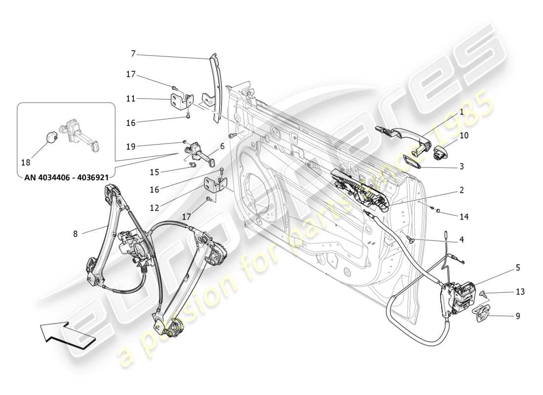 Maserati QTP 3.0 BT V6 410HP (2014) front doors: mechanisms Part Diagram