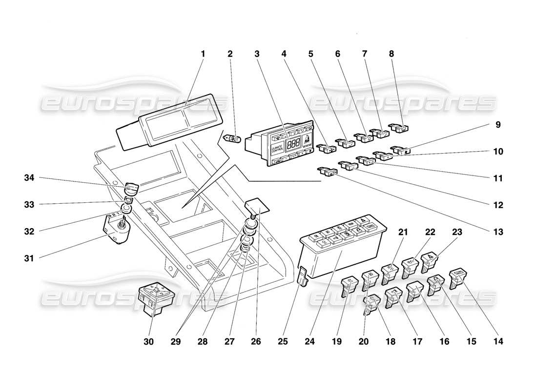 Lamborghini Diablo SE30 (1995) Tunnel Panel Instruments Parts Diagram