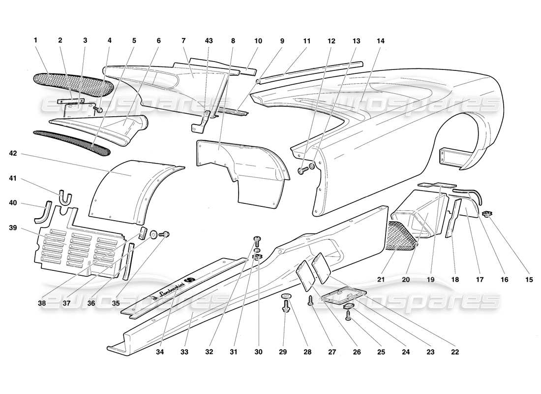 Lamborghini Diablo SE30 (1995) Body Elements - Left Flank Parts Diagram