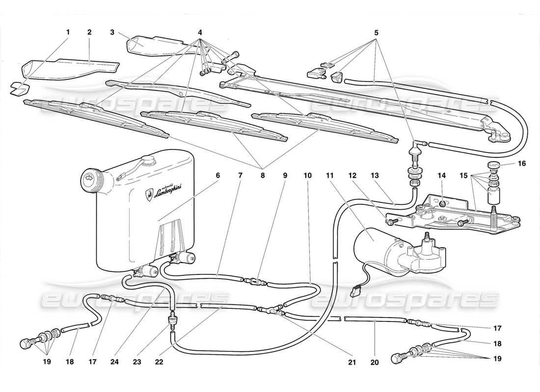 Lamborghini Diablo SE30 (1995) Windscreen Wiper and Headlamp Washers Parts Diagram