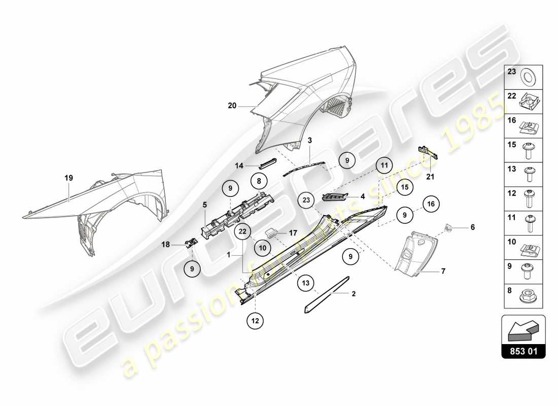 Lamborghini PERFORMANTE COUPE (2019) LOWER EXTERNAL SIDE MEMBER FOR WHEEL HOUSING Part Diagram