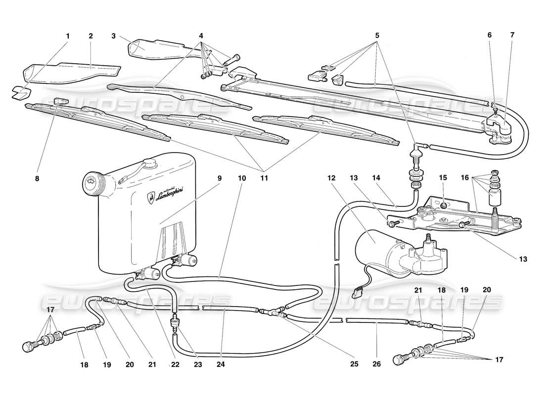 Lamborghini Diablo SV (1997) Windscreen Wiper and Headlamp Washers Parts Diagram