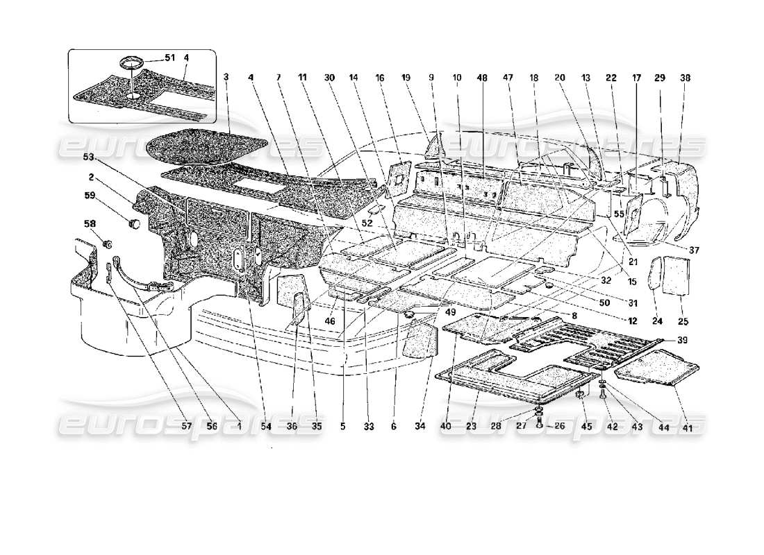 Ferrari 512 M Carpet for Luggage Compartment and Insulation Panels Parts Diagram