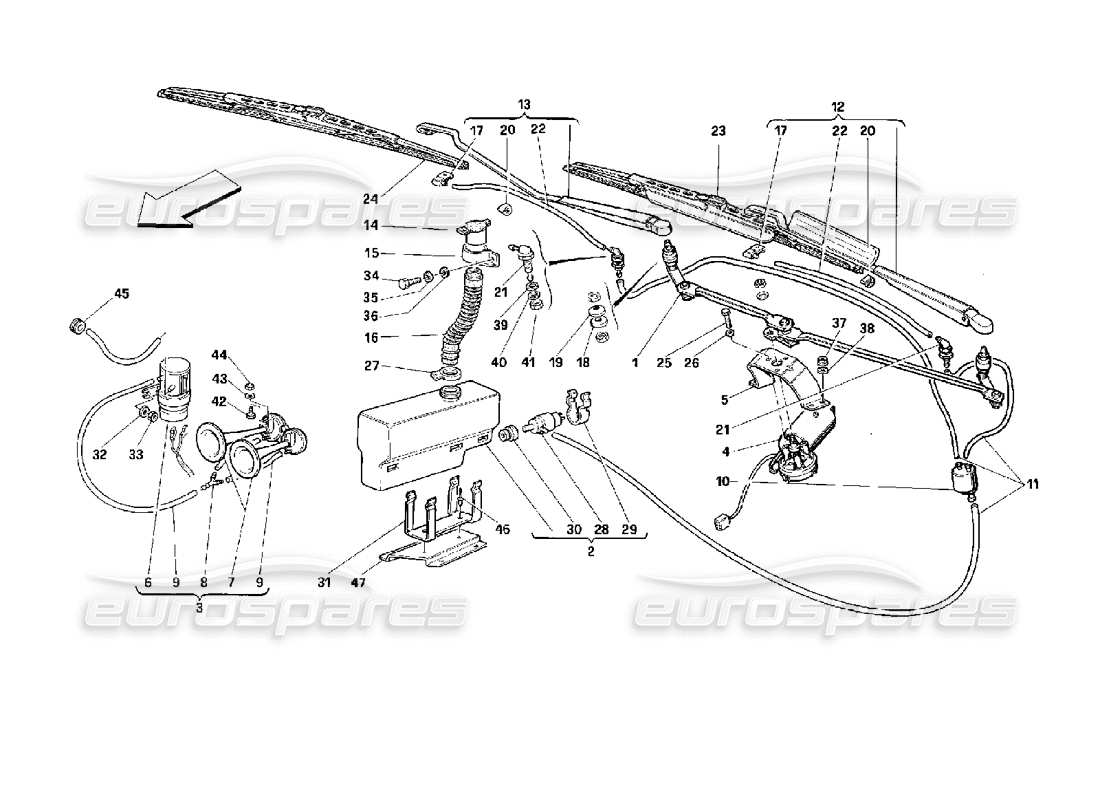 Ferrari 512 M Windshield Wiper, Washer and Horns Parts Diagram