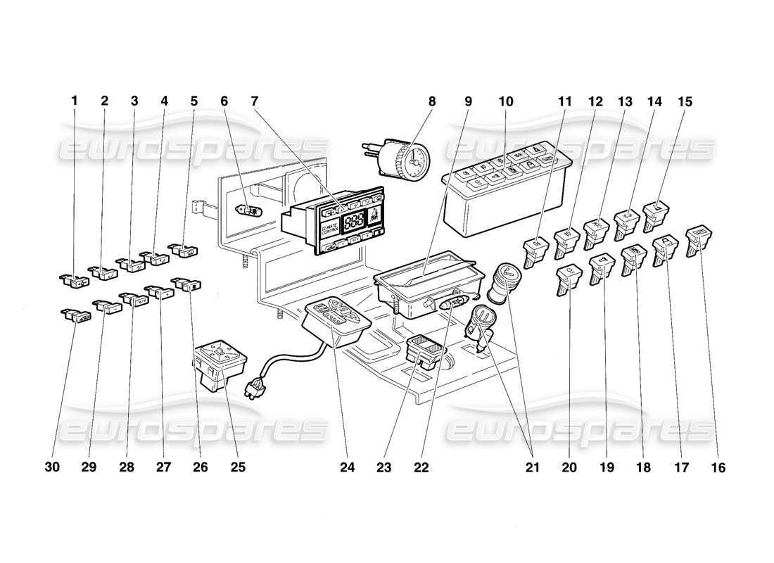 Lamborghini Diablo VT (1994) Tunnel Panel Instruments Parts Diagram