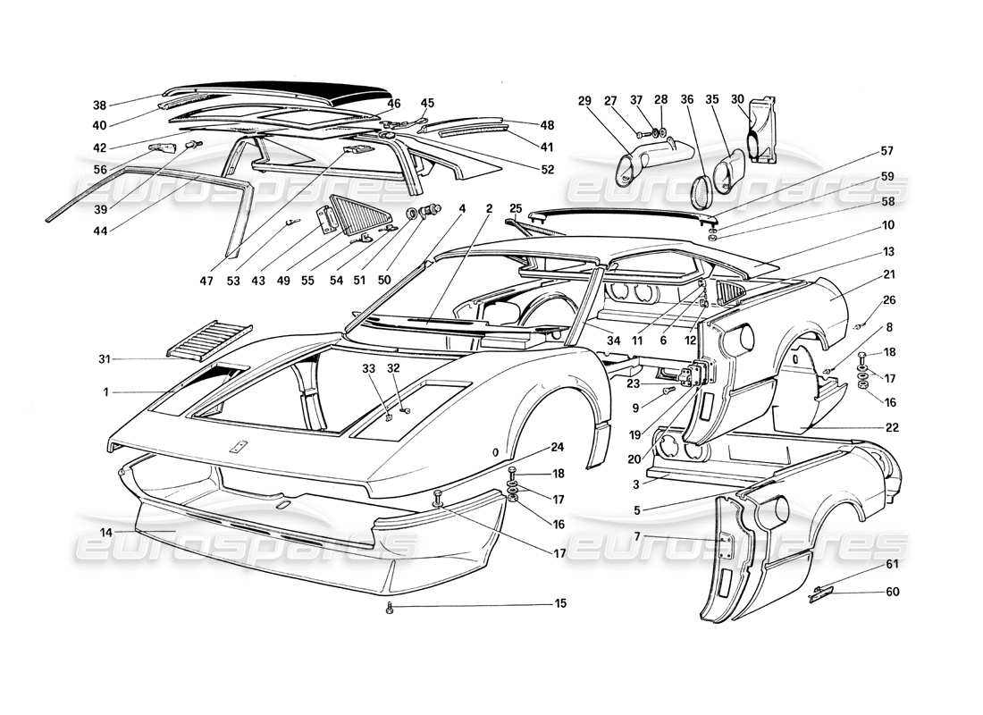 Ferrari 308 Quattrovalvole (1985) Body Shell - Outer Elements Parts Diagram