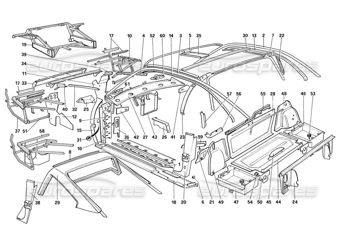 Ferrari 328 (1988) Body Shell - Inner Elements (for US - SA - J) Parts Diagram