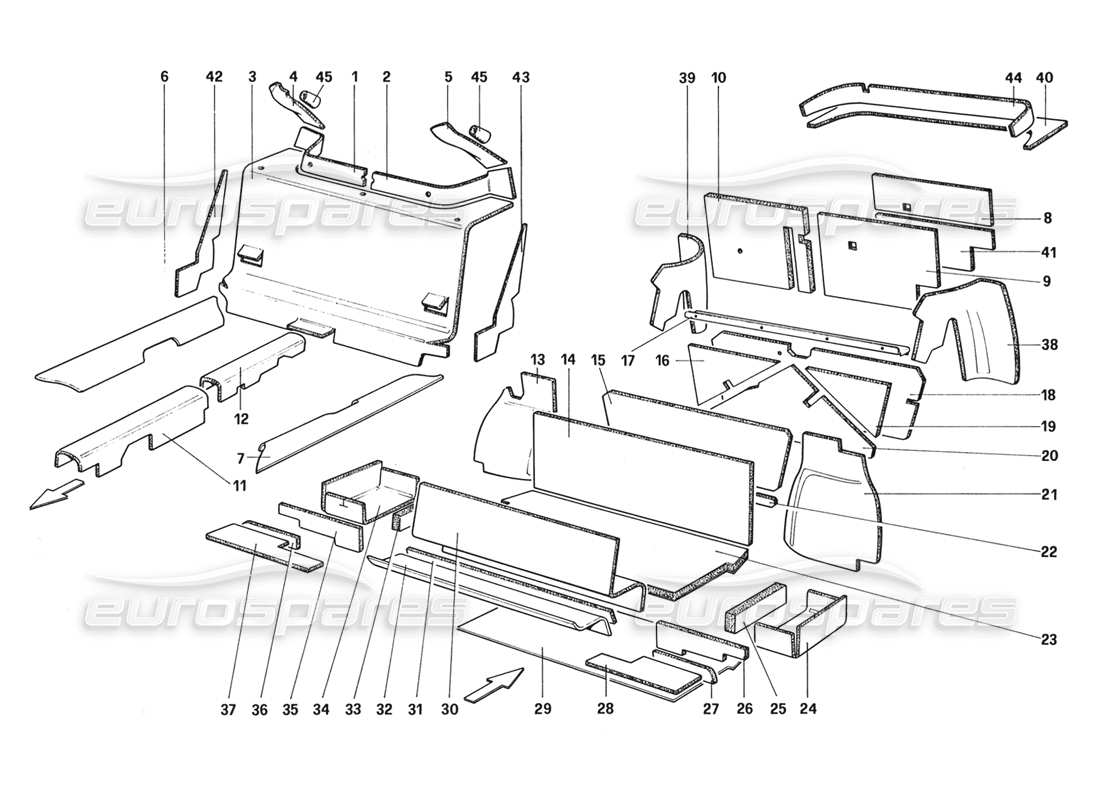Ferrari 328 (1988) Luggage and Passenger Compartment Insulation (From Car No. 66967 - Not for US - AUS - CH87 - SA - J) Parts Diagram