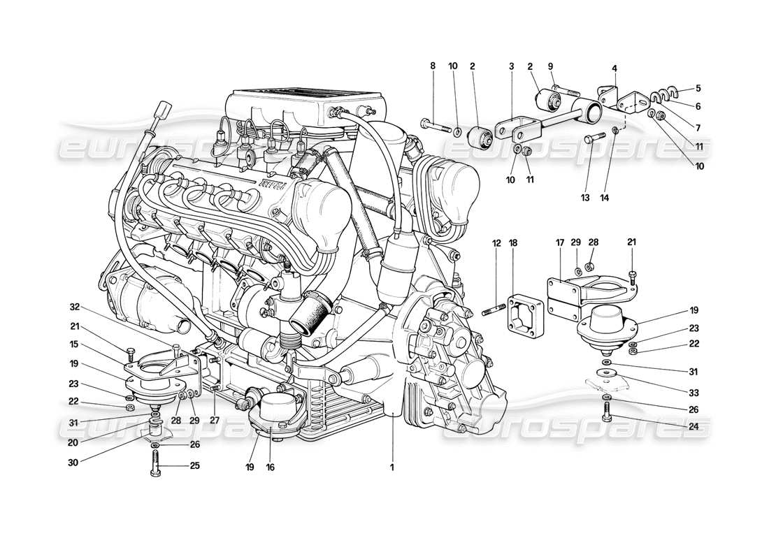 Ferrari Mondial 3.2 QV (1987) engine - gearbox and supports Parts Diagram
