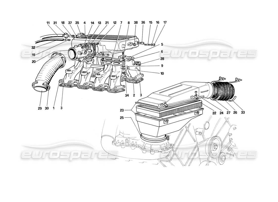 Ferrari Mondial 3.2 QV (1987) Air Intake and Manifolds Parts Diagram